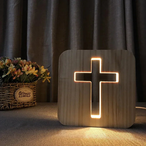 3D Glowing Wooden Jesus Cross – Holy Statue Christian Gift for Home or Church