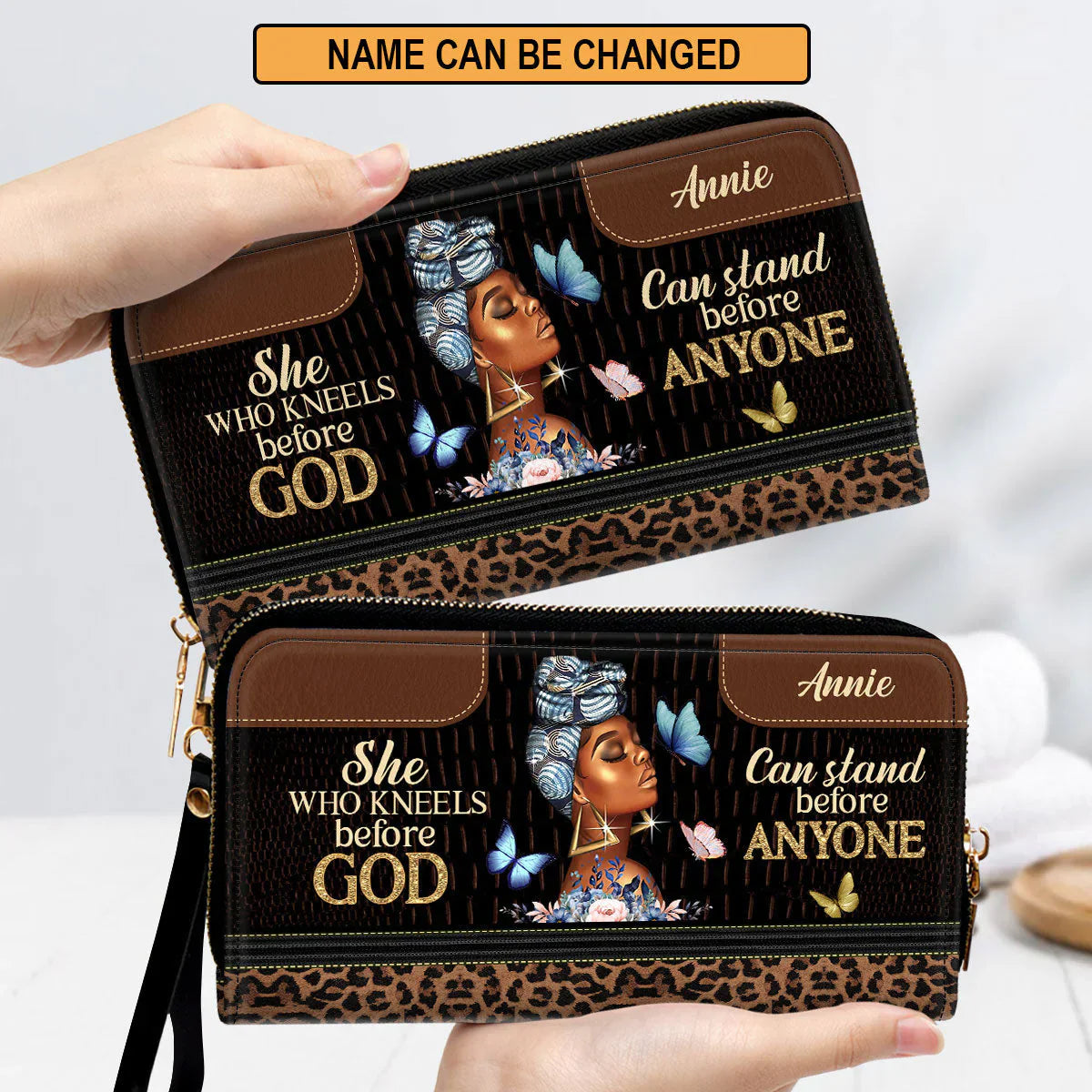 Christianartbag Clutch Purse, She Who Kneels Before God Can Stand Before Anyone Clutch Purse For Women, Personalized Name, Christian Gifts For Women, CAB03091223.