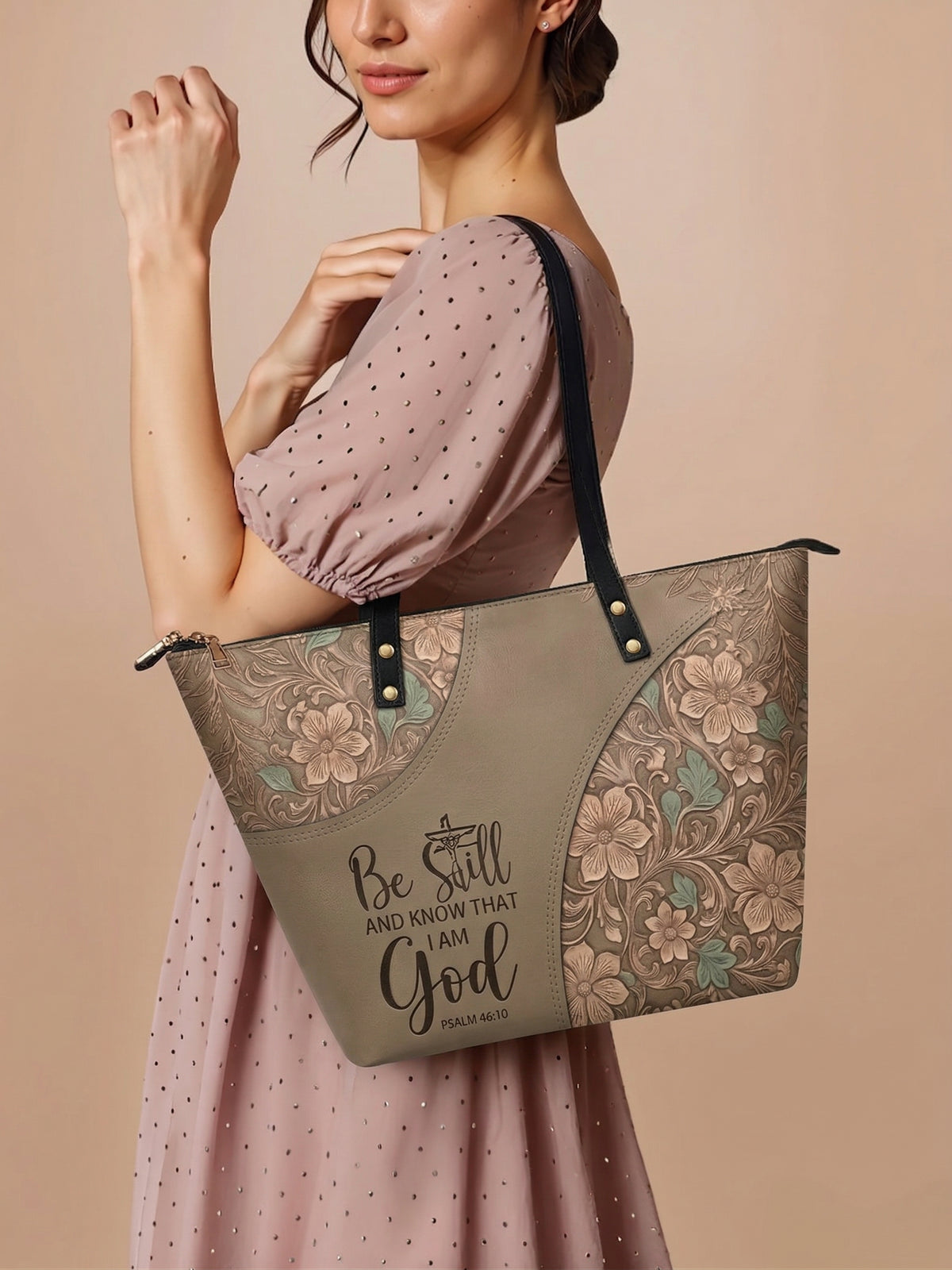 Still & Trust PU Leather Tote Bag - Christian Tote Bag, hanging display
