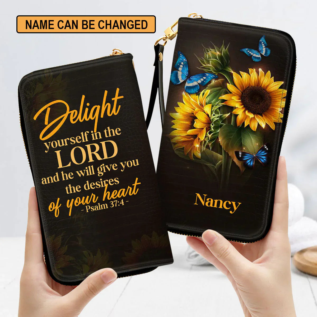 Christianartbag Clutch Purse, Sunflower Psalm 374 Delight Yourself In The Lord Clutch Purse For Women, Personalized Name, Christian Gifts For Women, CAB04091223.