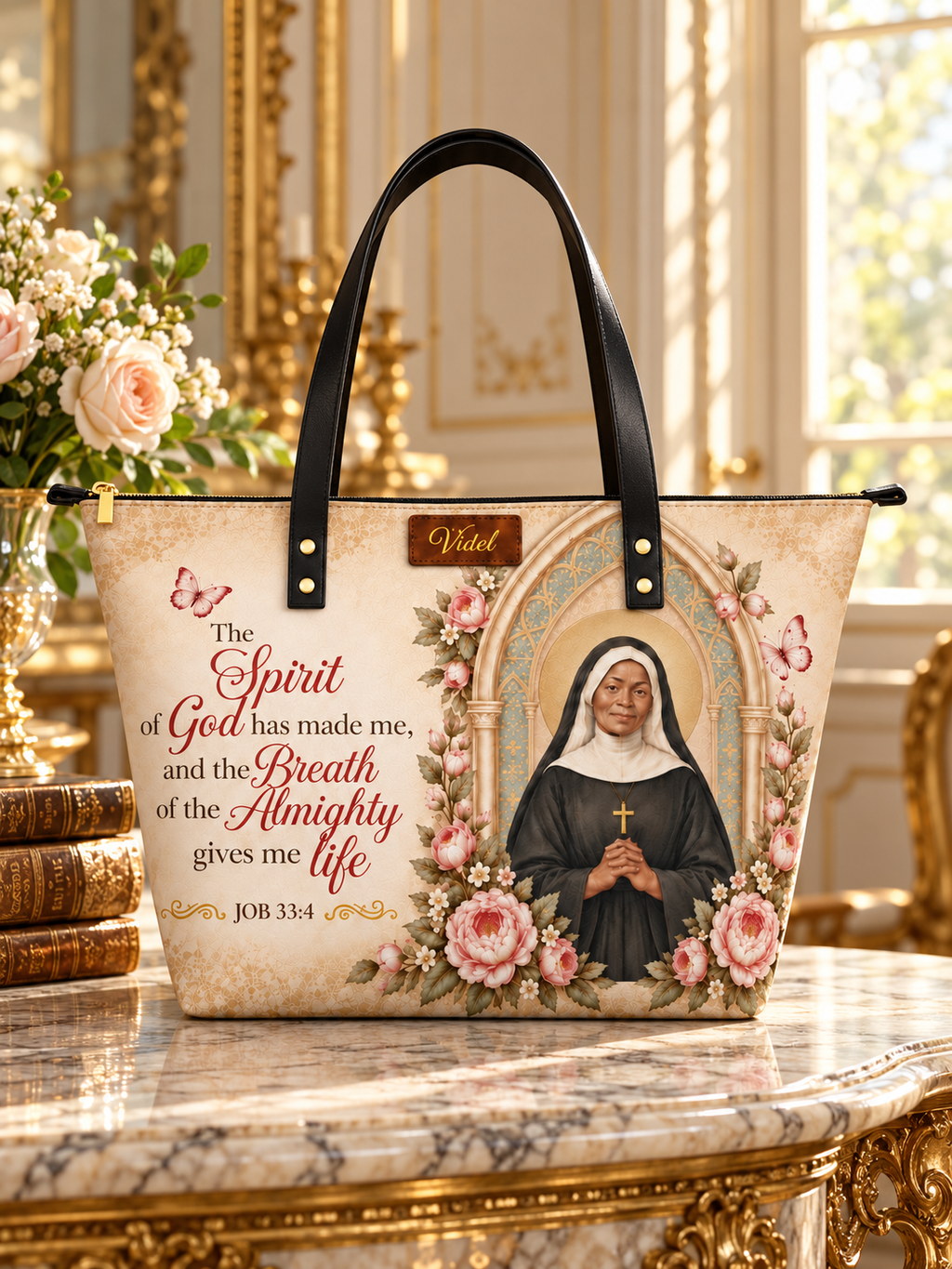 Almighty Breath PU Leather Tote Bag - Christian Tote Bag, close-up of the print