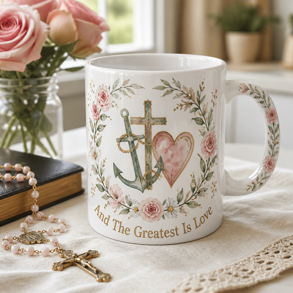 Anchor Cross And Heart Ceramic Mug - Christian Coffee Mug, front view