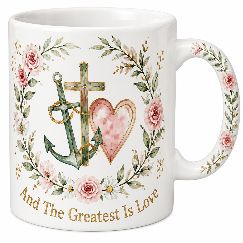 Anchor Cross And Heart Ceramic Mug - Christian Coffee Mug, detail view