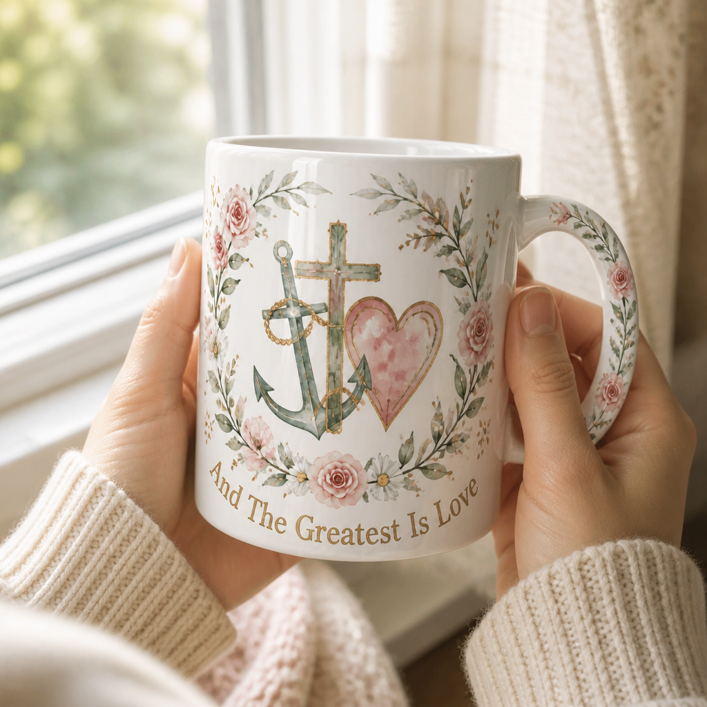 Anchor Cross And Heart Ceramic Mug - Christian Coffee Mug, styled in the home