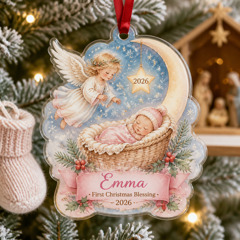 Angel Over The Cradle Acrylic Ornament - Acrylic Christmas Ornament, front view