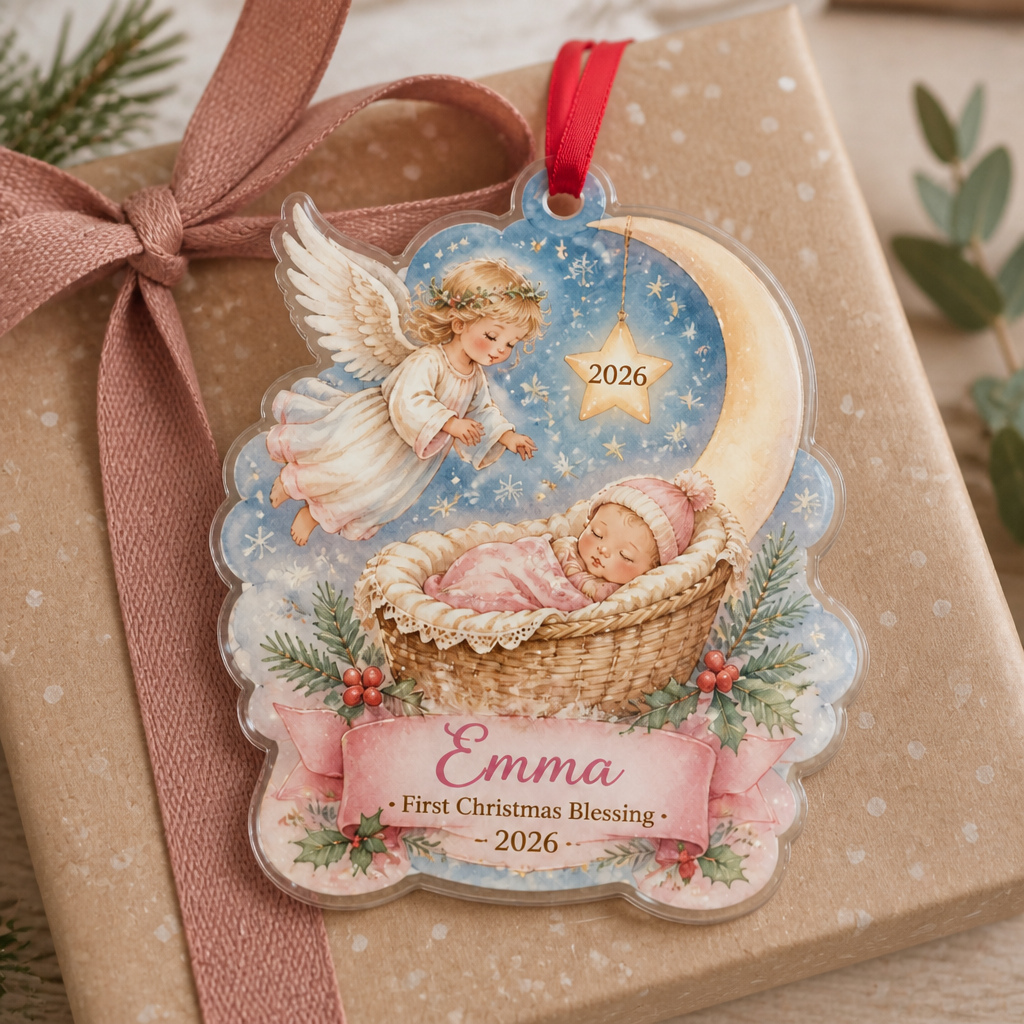 Angel Over The Cradle Acrylic Ornament - Acrylic Christmas Ornament, styled in the home