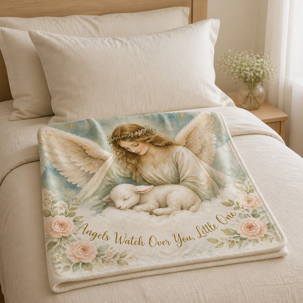 Angel Over The Lamb Fleece Blanket - Christian Blanket, styled in the home
