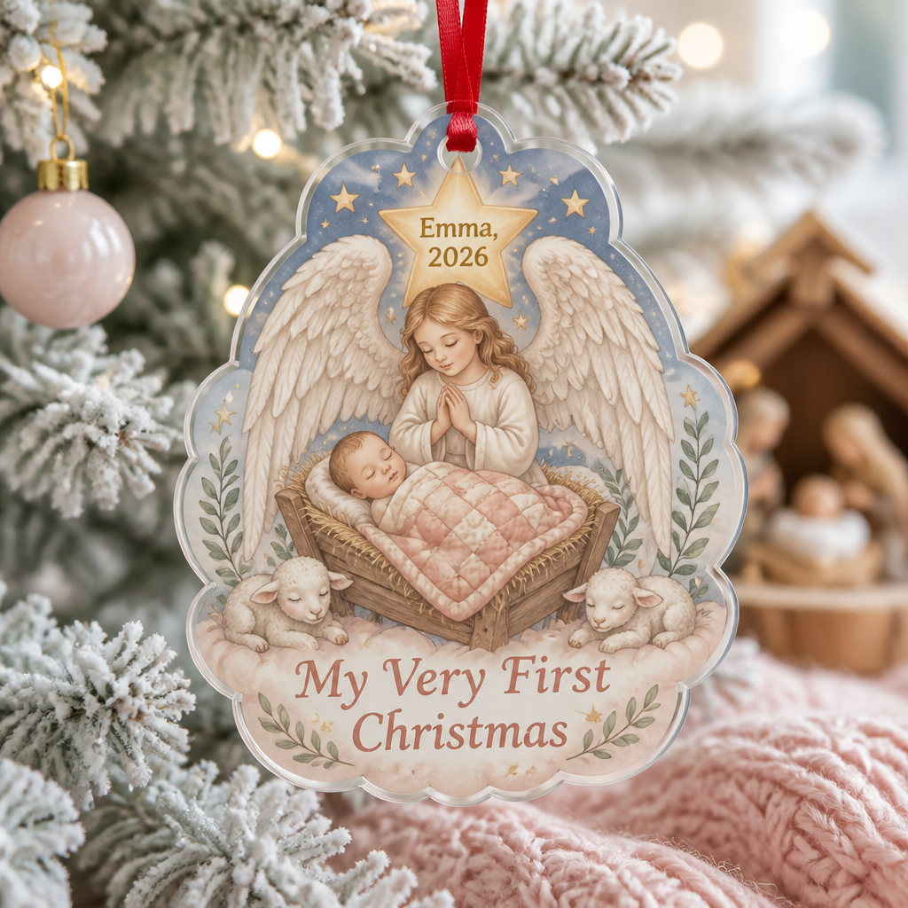 Angel Watch Cradle Acrylic Ornament - Acrylic Christmas Ornament, front view