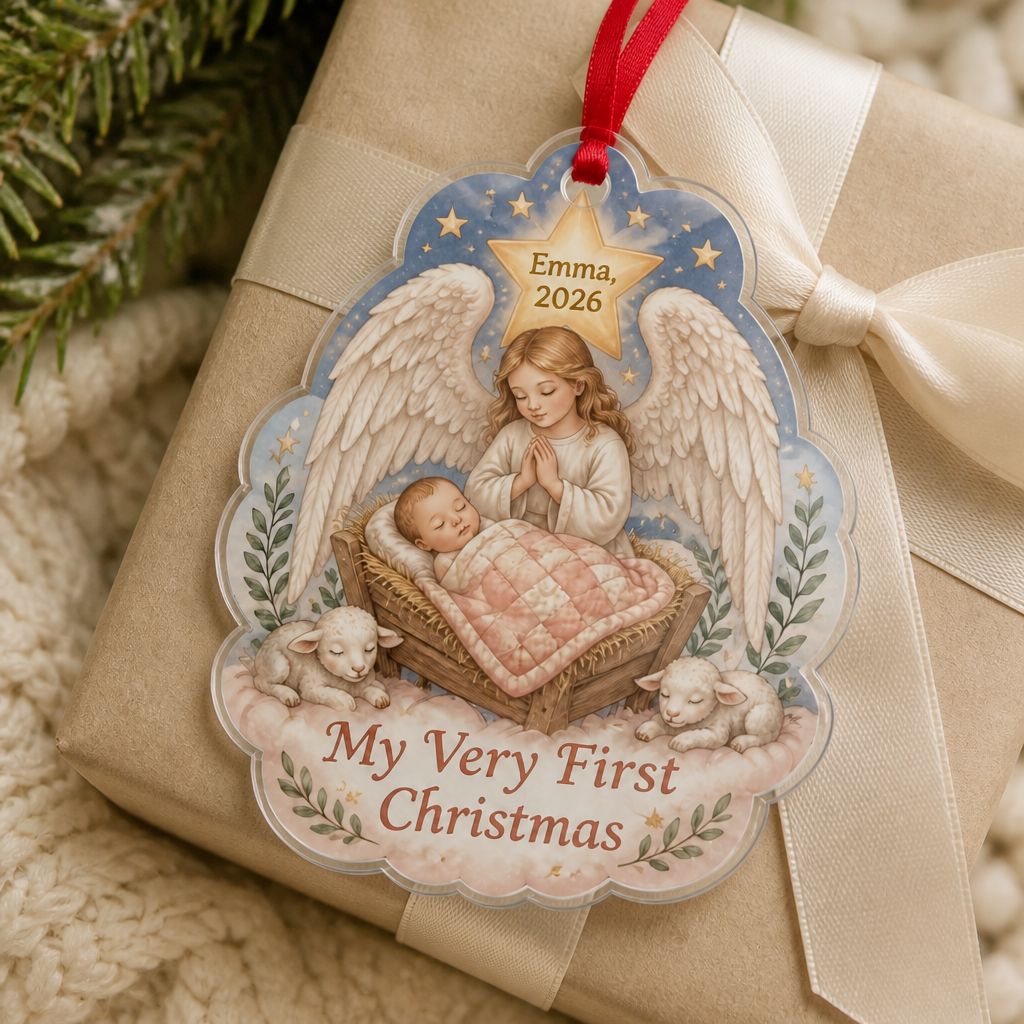 Angel Watch Cradle Acrylic Ornament - Acrylic Christmas Ornament, styled in the home
