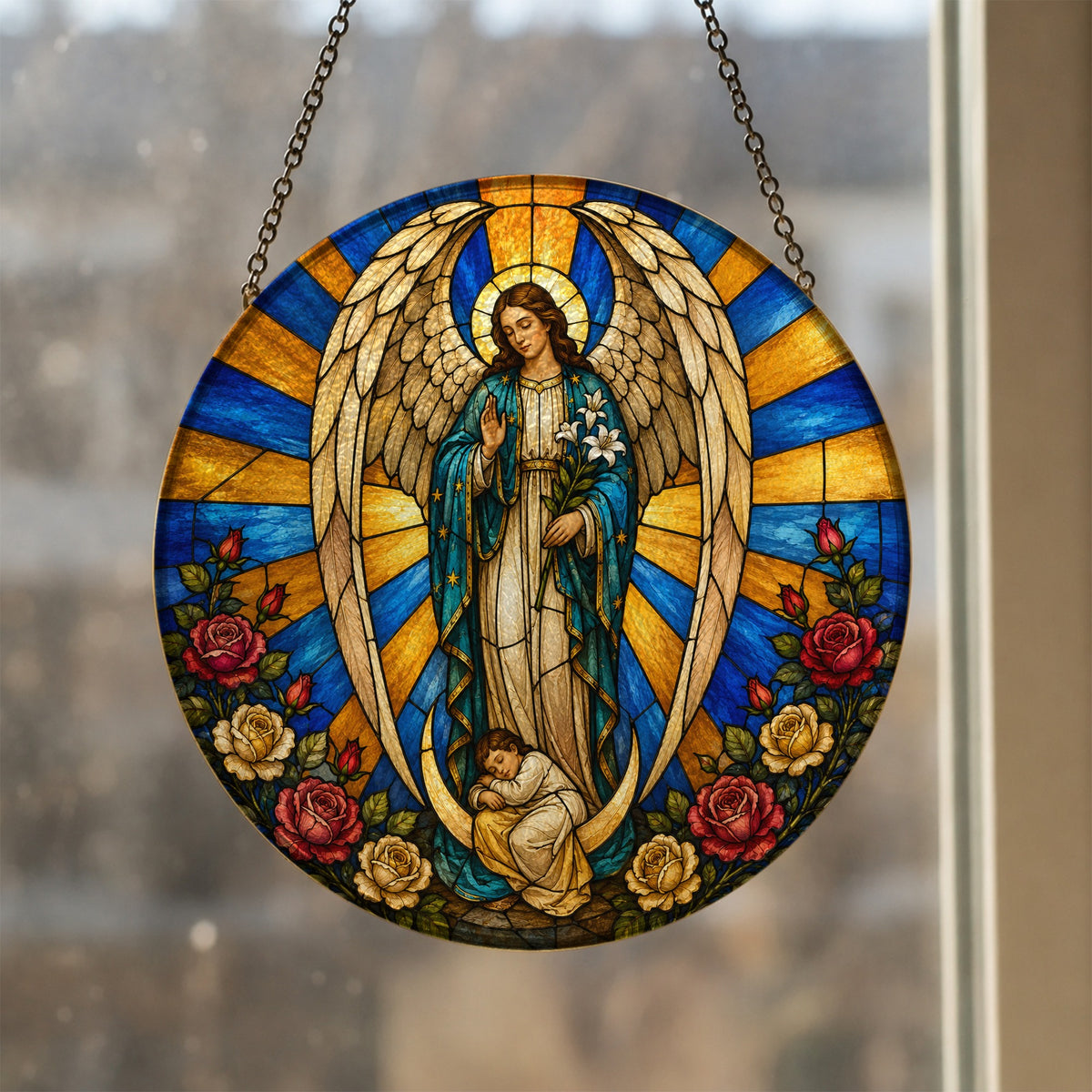Angele Dei Glass Suncatcher - Catholic Suncatcher, styled in the home