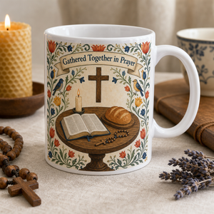 Around The Family Table Ceramic Mug - Christian Coffee Mug, front view