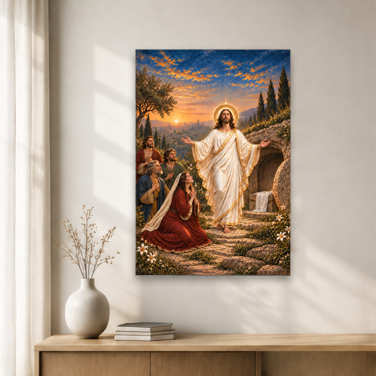 At the Breaking of Dawn Canvas Wall Art - Catholic Wall Art, styled in the home