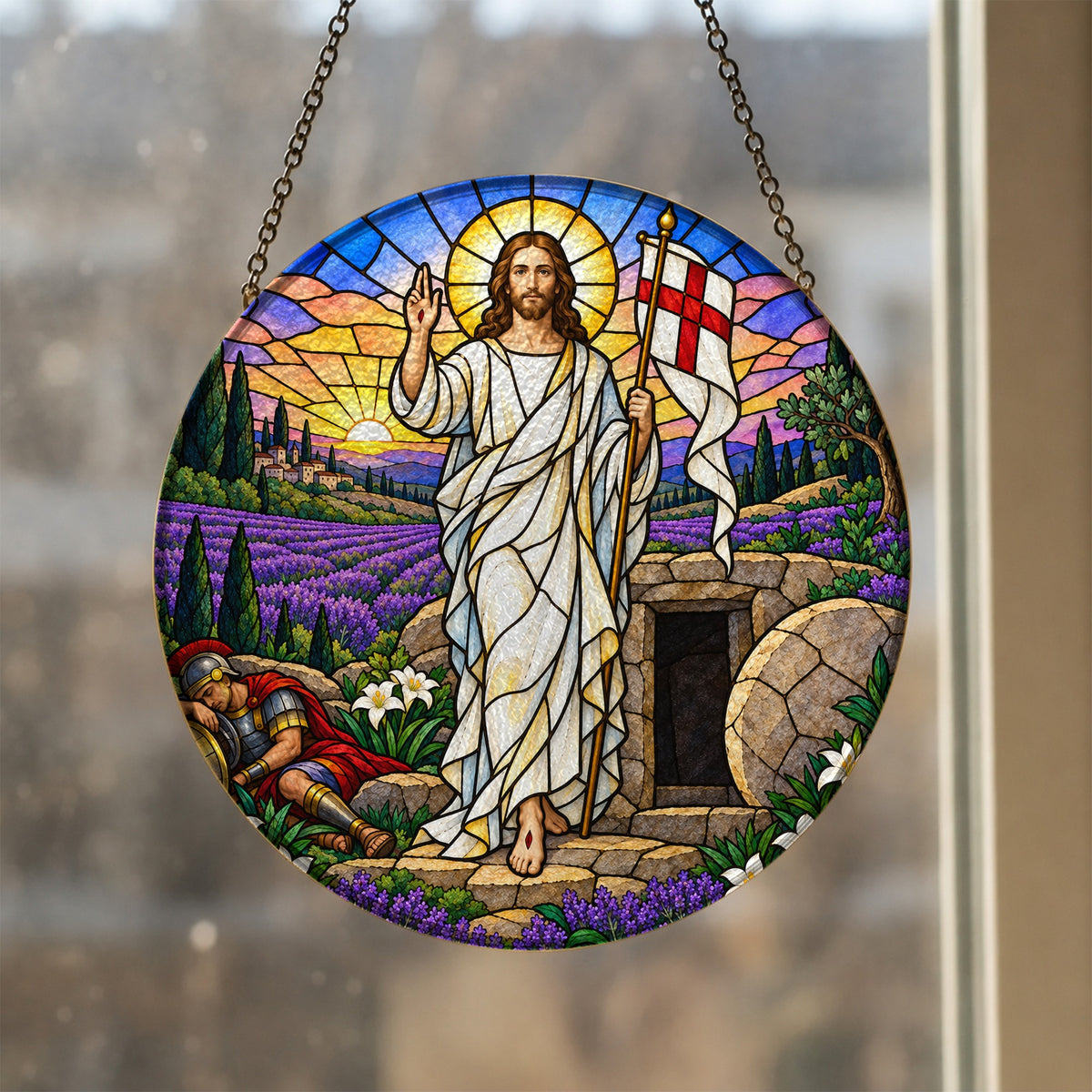Aurora Victoriae Glass Suncatcher - Catholic Suncatcher, styled in the home