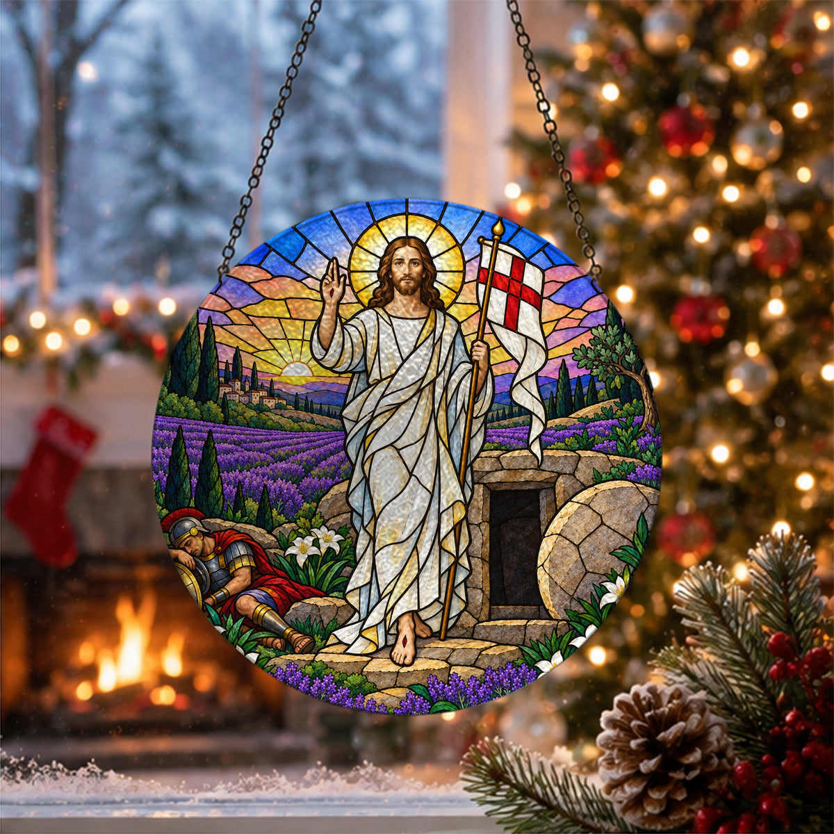 Aurora Victoriae Glass Suncatcher - Catholic Suncatcher, close-up of the print