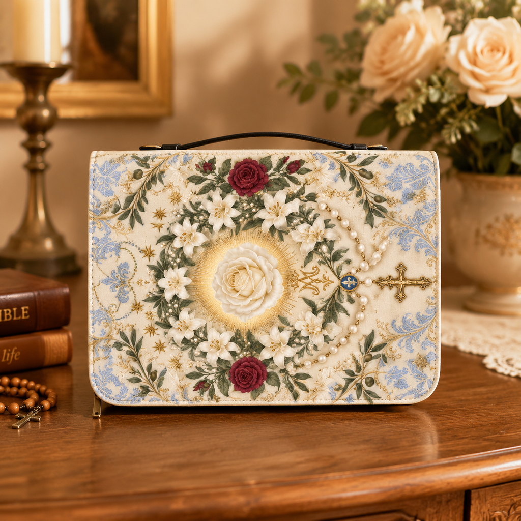 Ave Maria Garden I Bible Cover - Leather Bible Cover, styled in the home