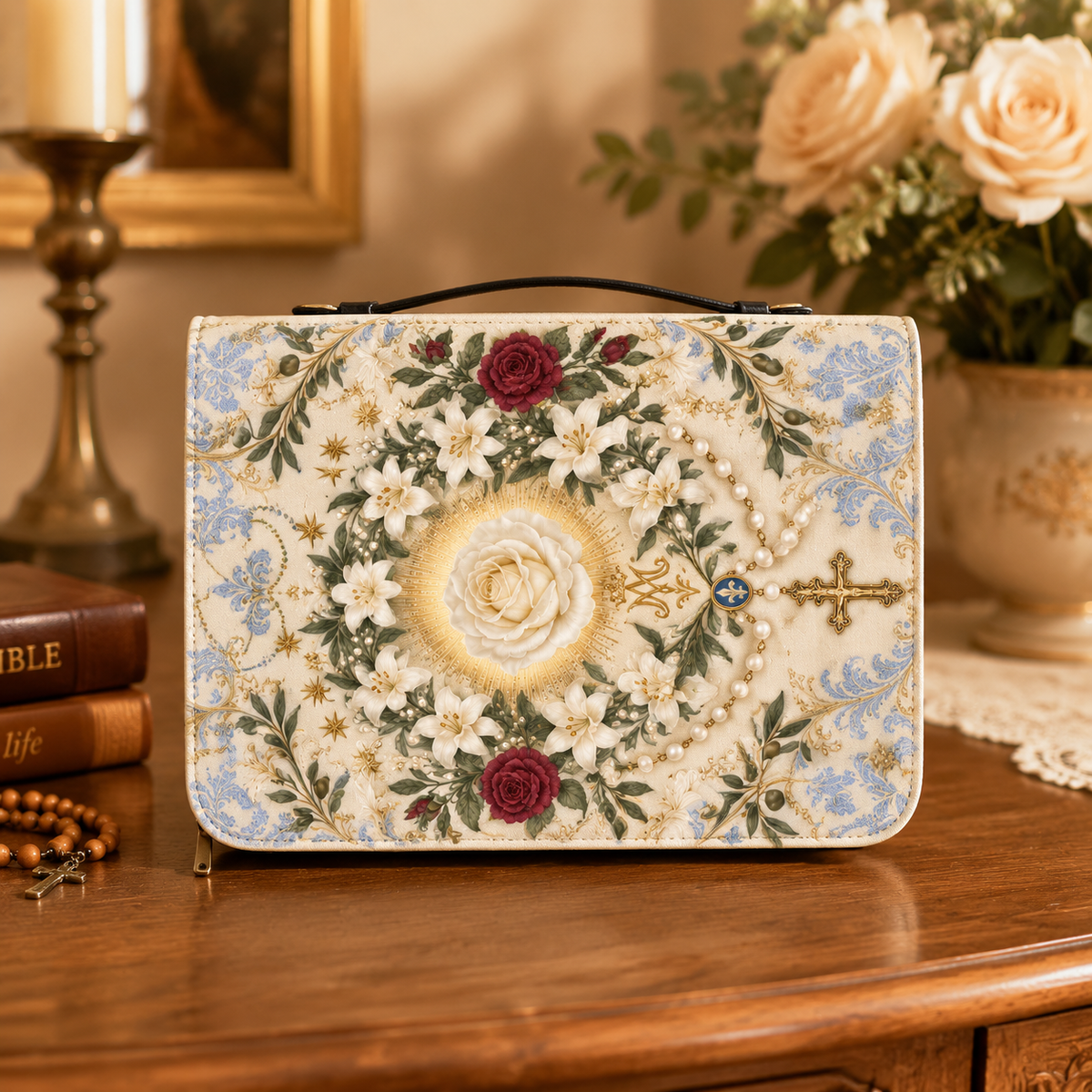 Ave Maria Garden I Bible Cover - Leather Bible Cover, styled in the home