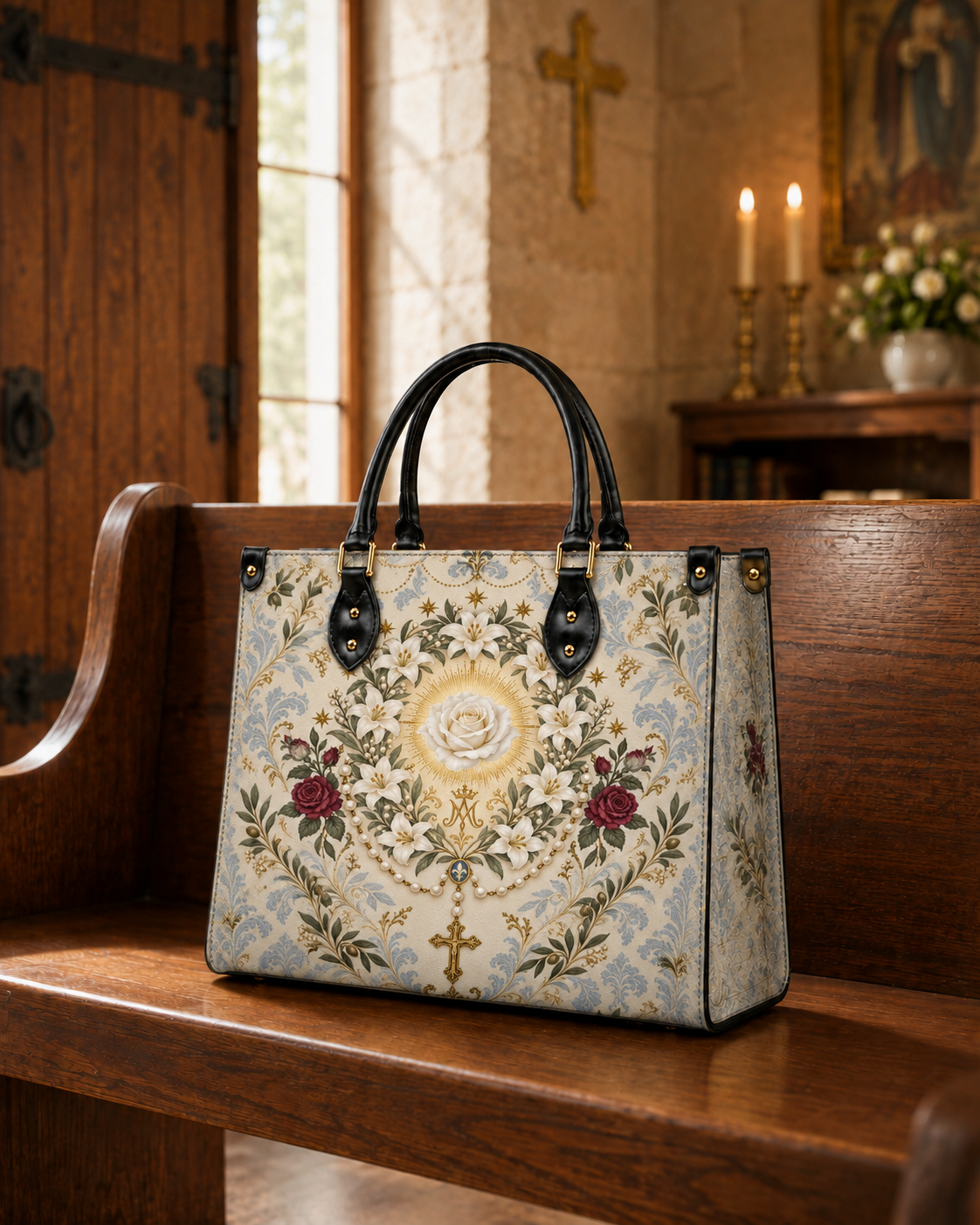 Ave Maria Garden I Leather Handbag - Christian Handbag, detail view