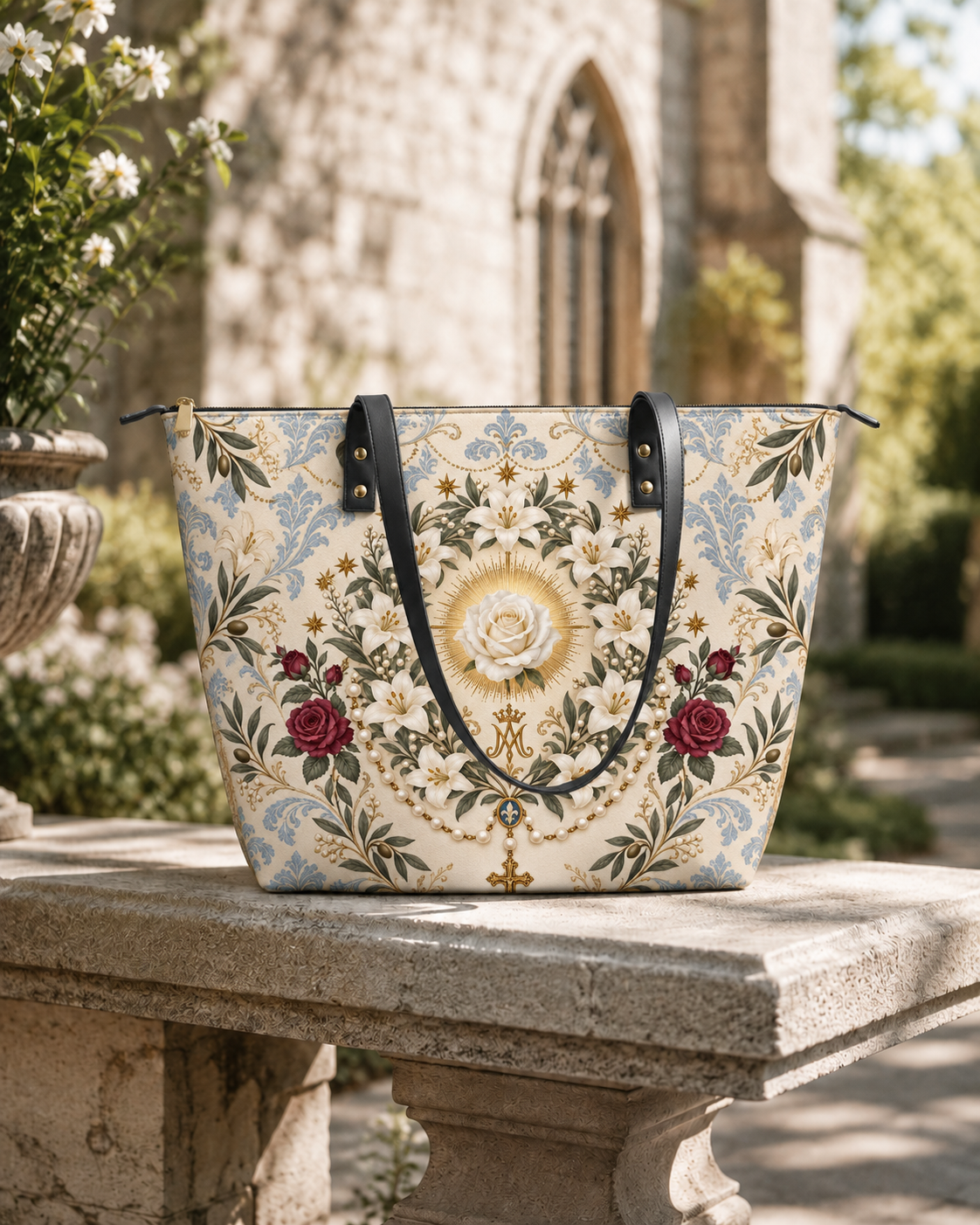Ave Maria Garden I Leather Tote Bag - Christian Tote Bag, styled in the home