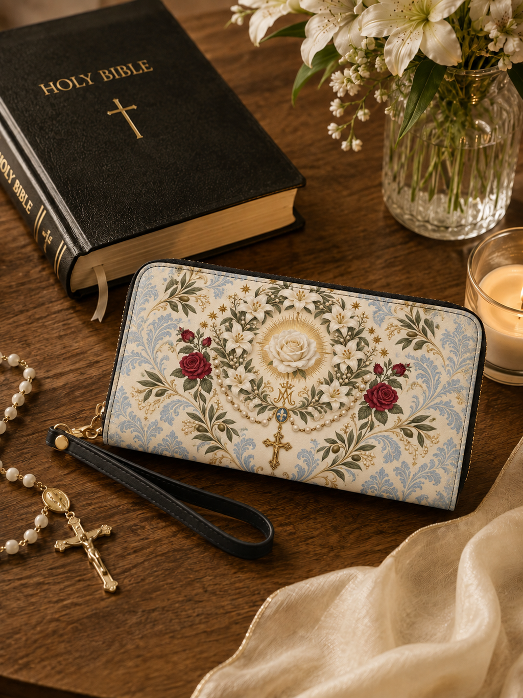 Ave Maria Garden I Leather Wallet - Christian Wallet, hanging display