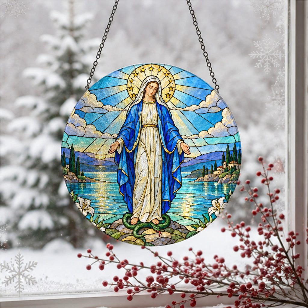 Ave Maria IV Glass Suncatcher - Catholic Suncatcher, detail view