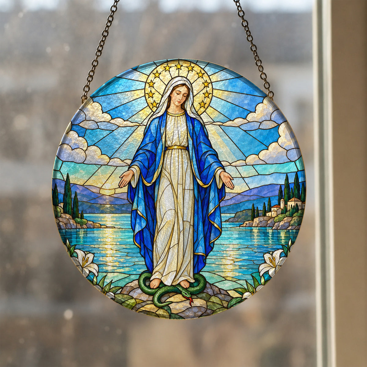Ave Maria IV Glass Suncatcher - Catholic Suncatcher, styled in the home