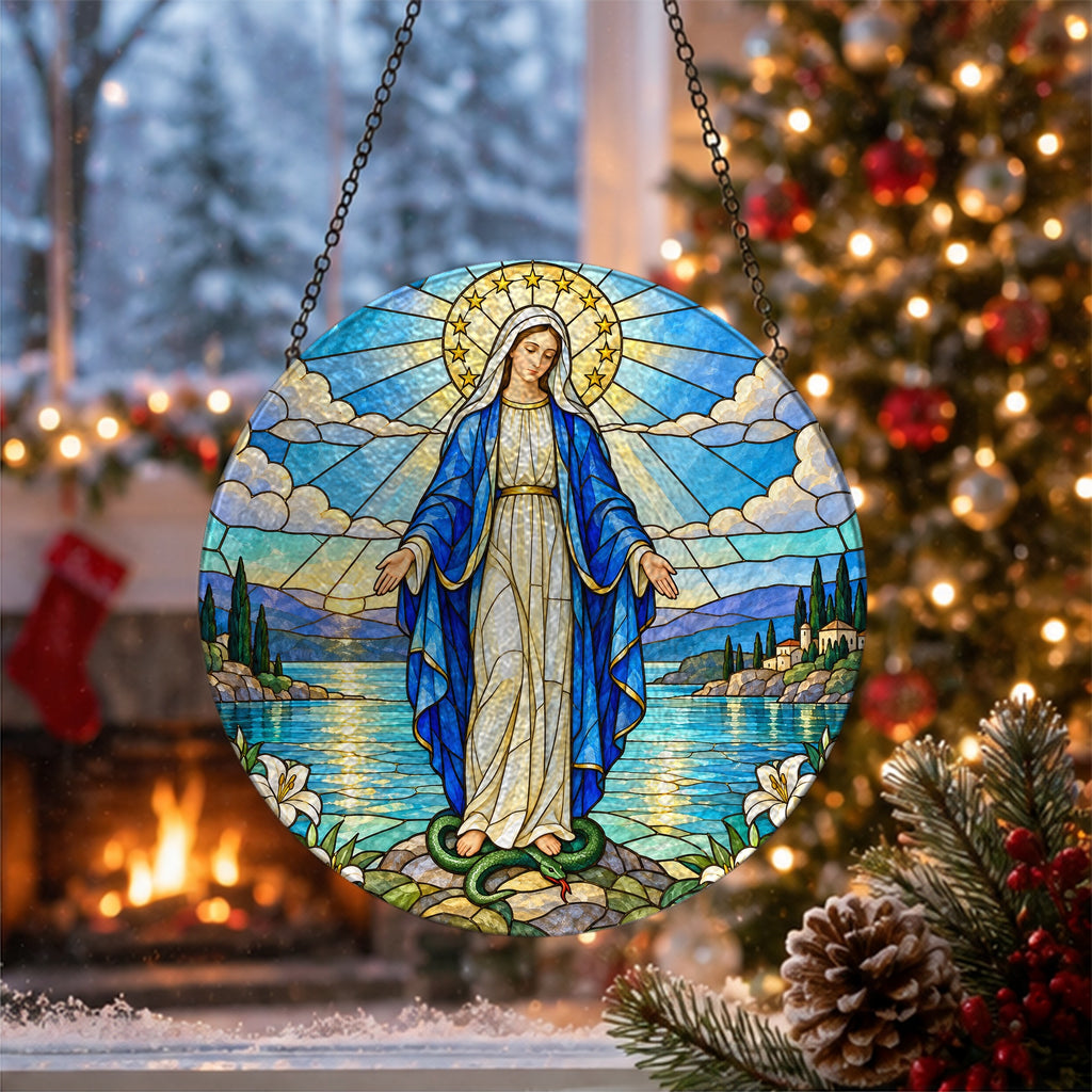 Ave Maria IV Glass Suncatcher - Catholic Suncatcher, close-up of the print