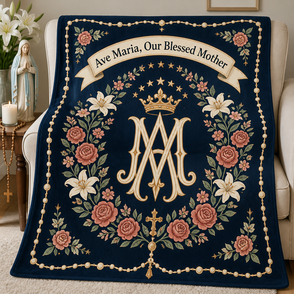 Ave Maria Rose Wreath Fleece Blanket - Christian Blanket, front view