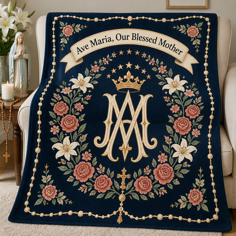 Ave Maria Rose Wreath Fleece Blanket - Christian Blanket, front view