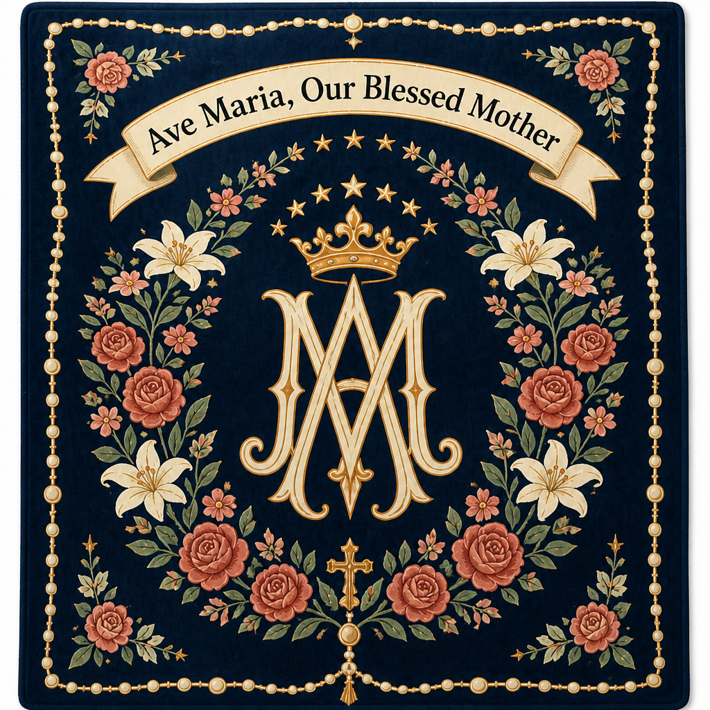 Ave Maria Rose Wreath Fleece Blanket - Christian Blanket, detail view