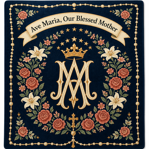 Ave Maria Rose Wreath Fleece Blanket - Christian Blanket, detail view