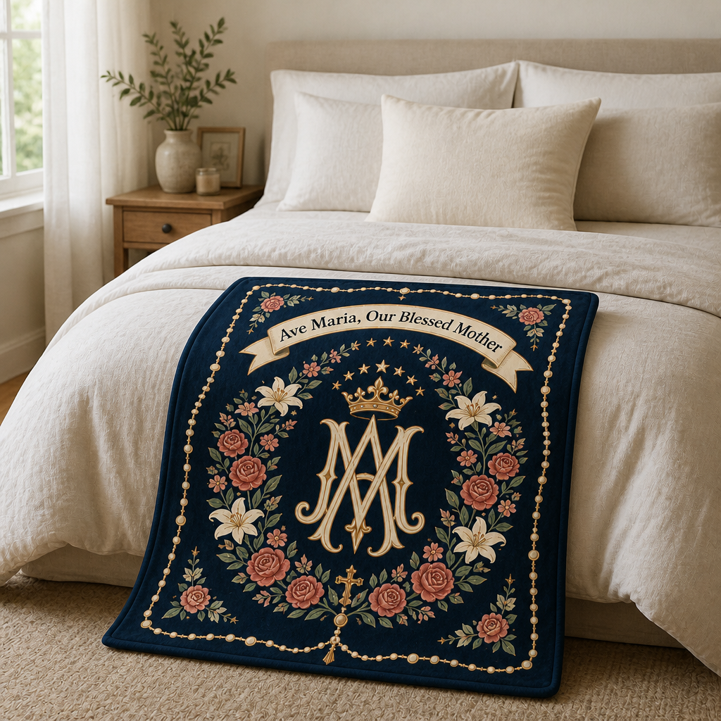 Ave Maria Rose Wreath Fleece Blanket - Christian Blanket, styled in the home
