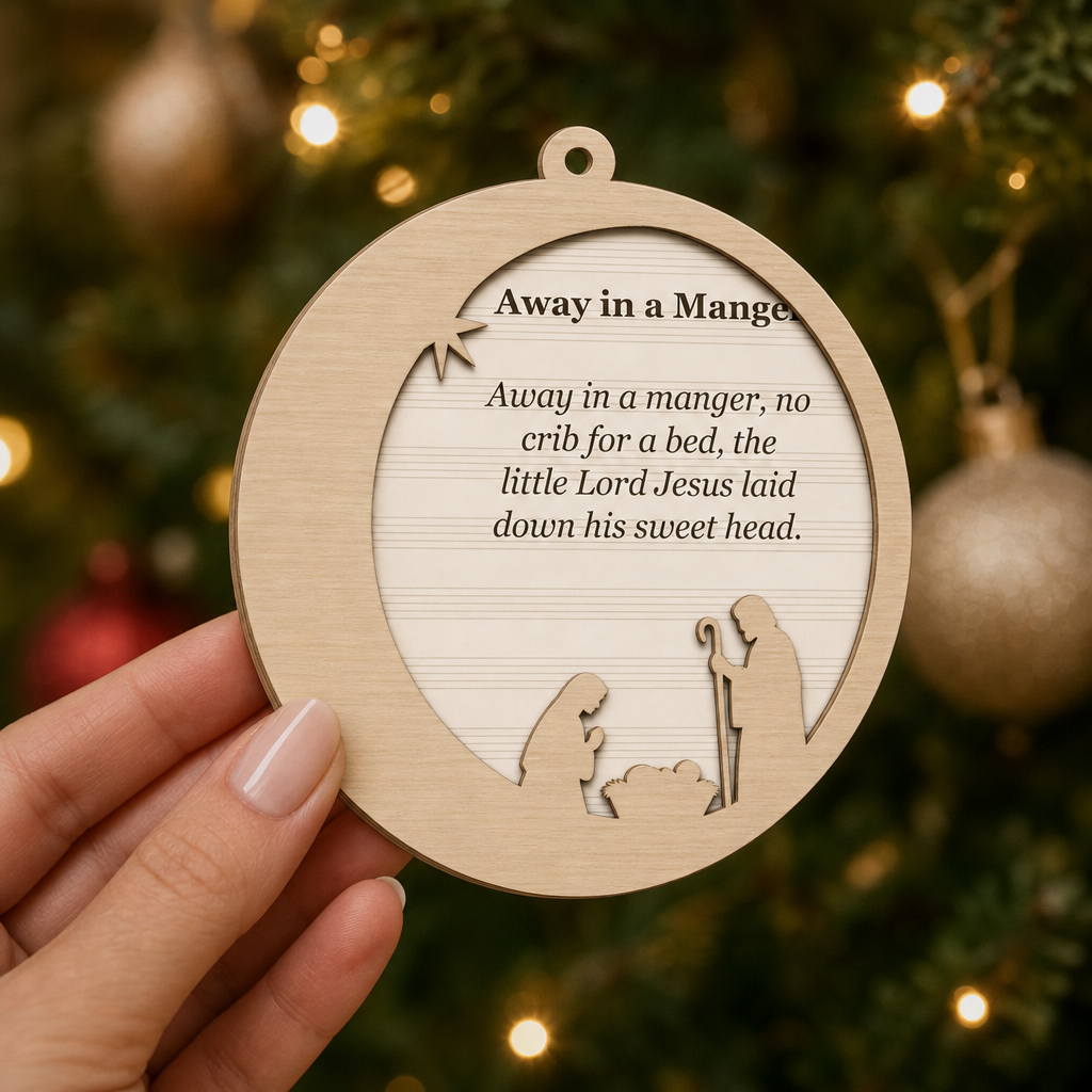 Away in a Manger Crescent Moon 2-Layer Wooden Ornament - Wooden Christmas Ornament, detail view