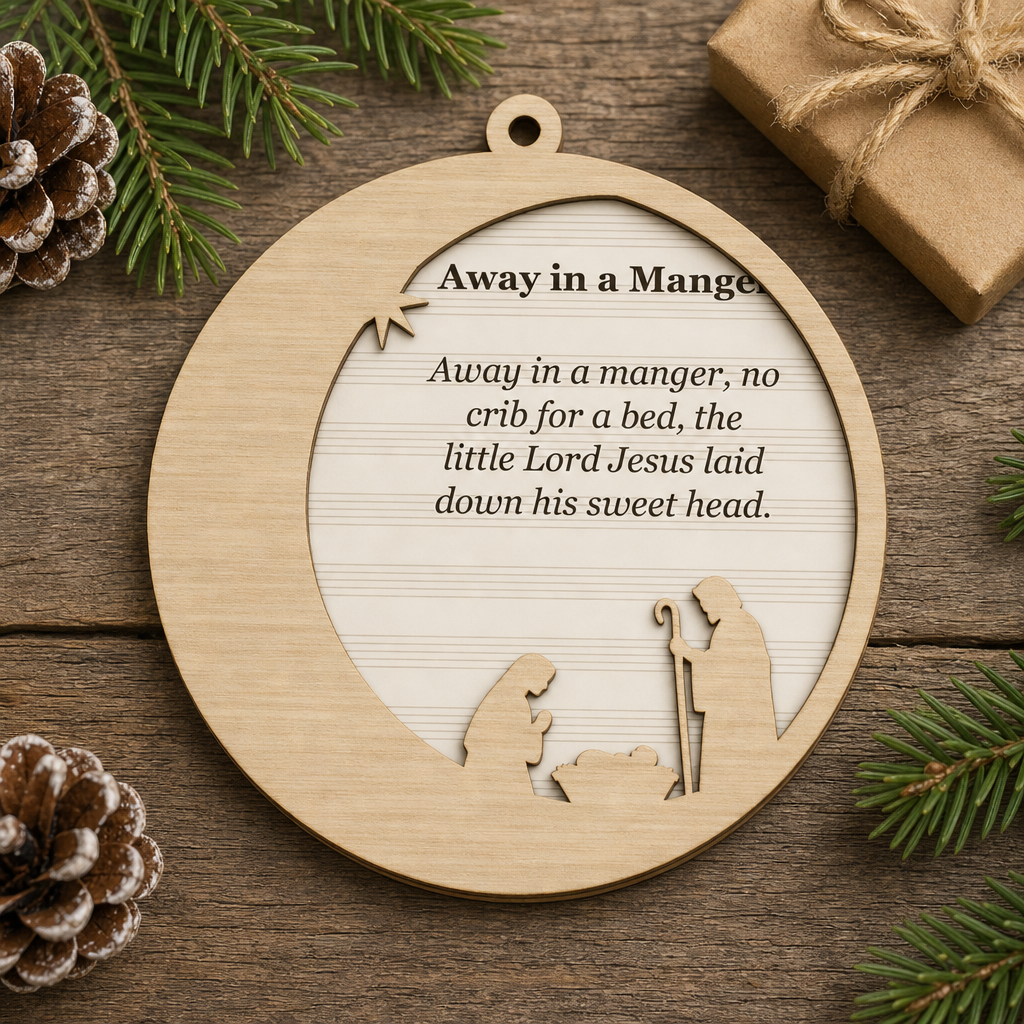 Away in a Manger Crescent Moon 2-Layer Wooden Ornament - Wooden Christmas Ornament, styled in the home