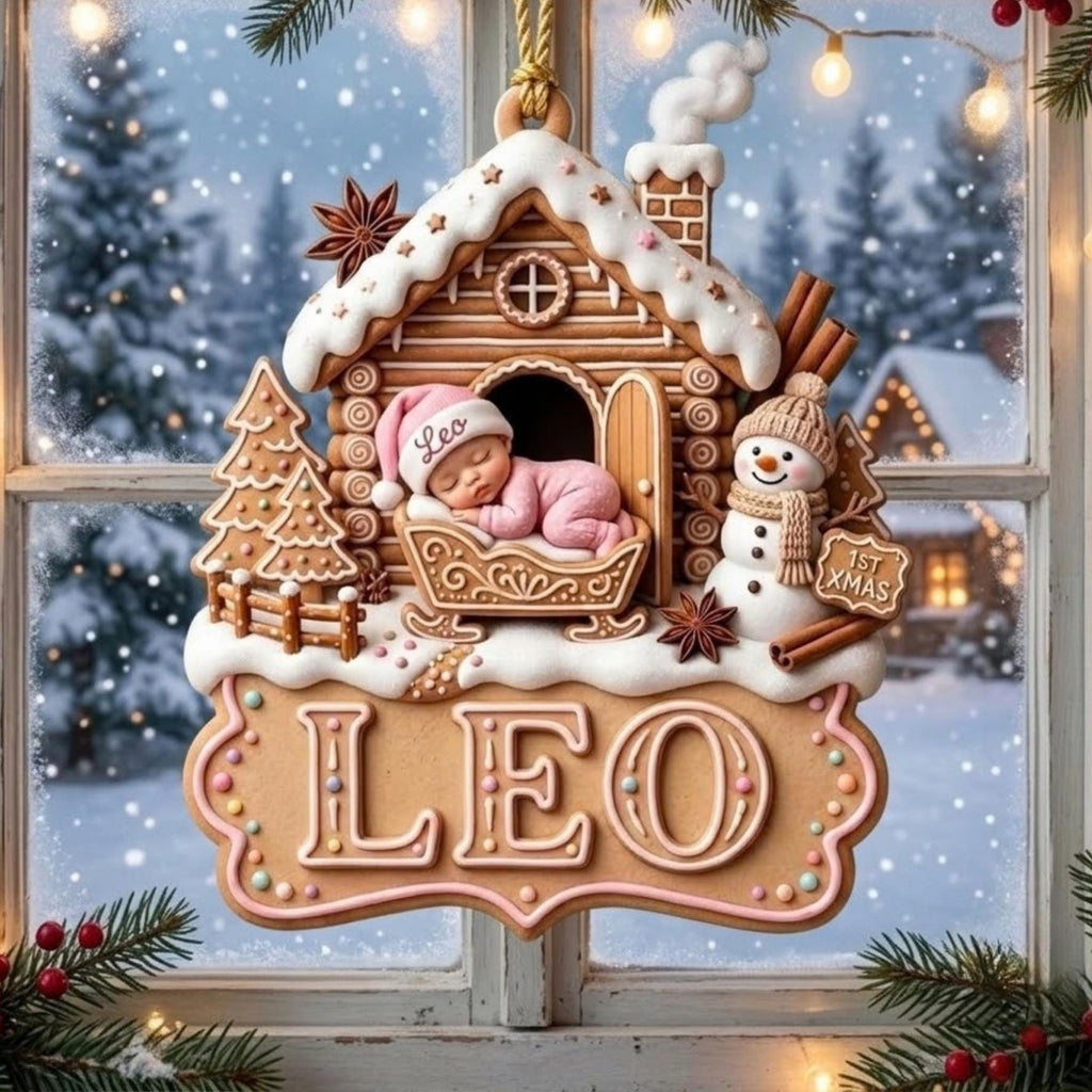 Baby First Christmas Gingerbread House Snowman Acrylic Ornament - Acrylic Christmas Ornament, detail view