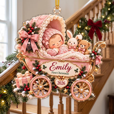 Baby Girl First Christmas Pink Carriage Acrylic Ornament - Acrylic Christmas Ornament, front view