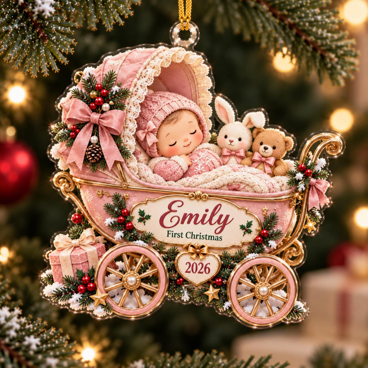 Baby Girl First Christmas Pink Carriage Acrylic Ornament - Acrylic Christmas Ornament, detail view