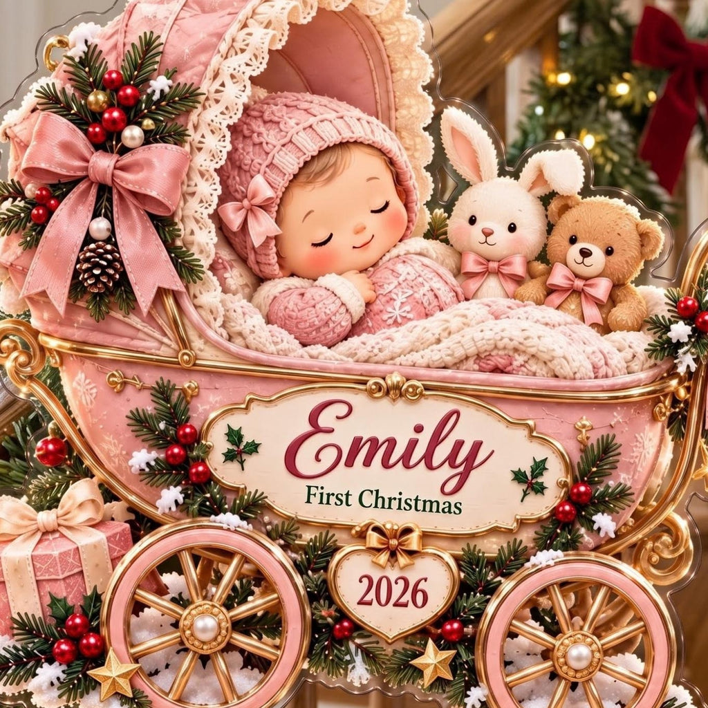 Baby Girl First Christmas Pink Carriage Acrylic Ornament - Acrylic Christmas Ornament, styled in the home