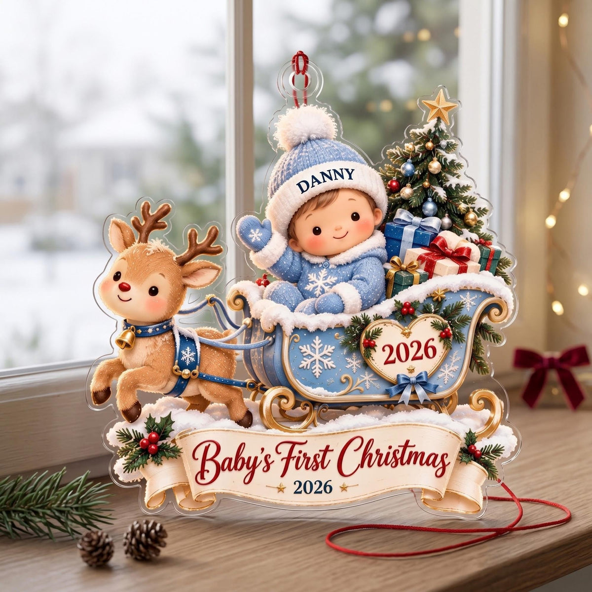 Baby's First Christmas Blue Sleigh Acrylic Ornament - Acrylic Christmas Ornament, front view