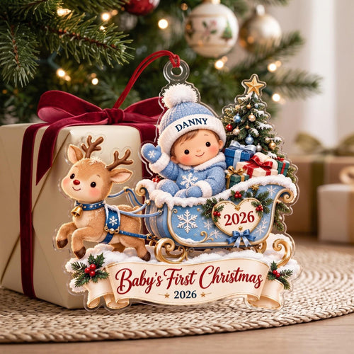 Baby's First Christmas Blue Sleigh Acrylic Ornament - Acrylic Christmas Ornament, detail view