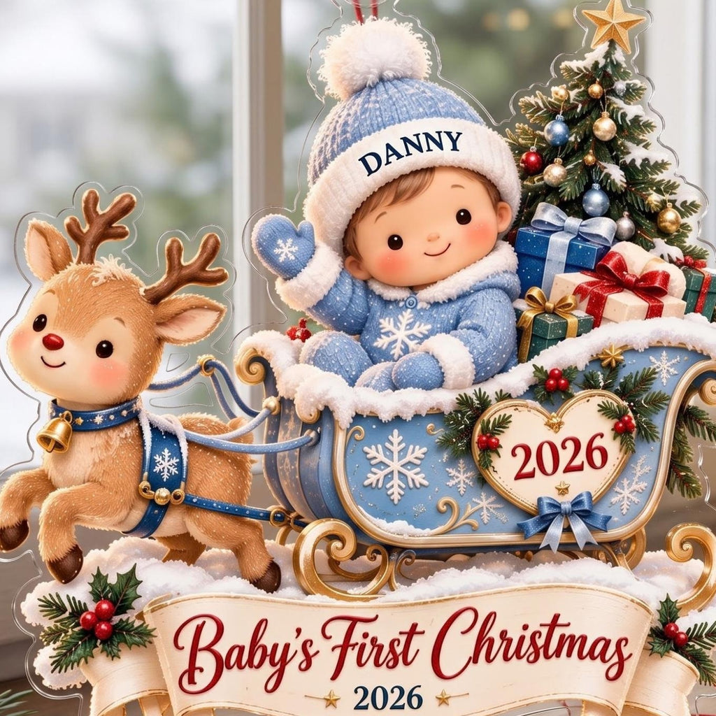 Baby's First Christmas Blue Sleigh Acrylic Ornament - Acrylic Christmas Ornament, styled in the home