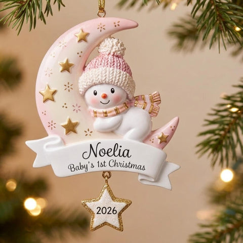 Baby's First Christmas Moon Snowman Acrylic Ornament - Acrylic Christmas Ornament, front view