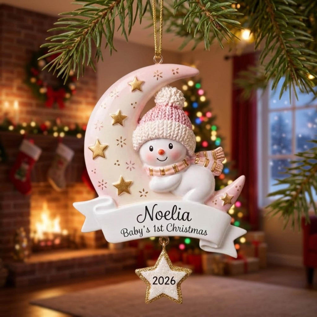Baby's First Christmas Moon Snowman Acrylic Ornament - Acrylic Christmas Ornament, detail view