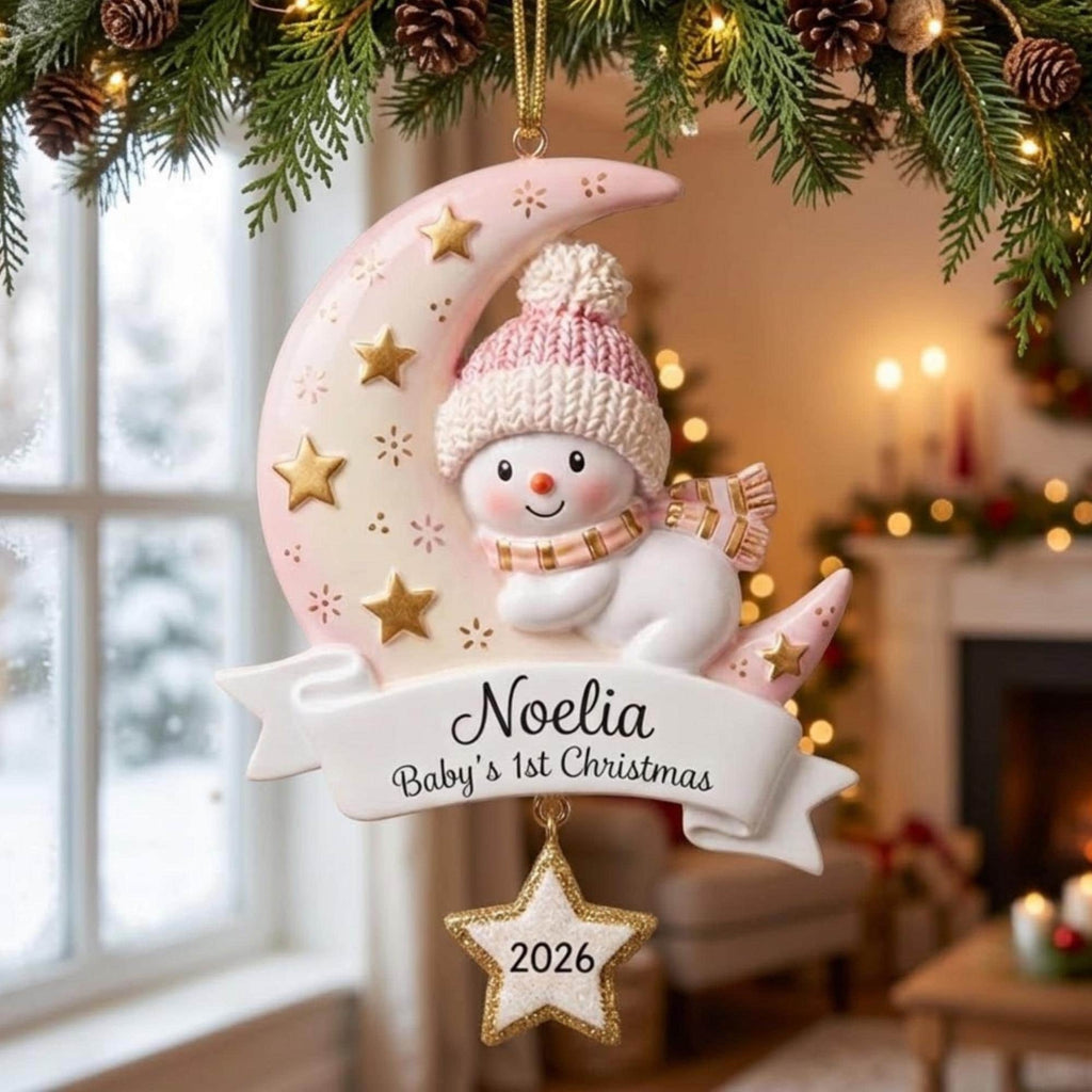 Baby's First Christmas Moon Snowman Acrylic Ornament - Acrylic Christmas Ornament, styled in the home