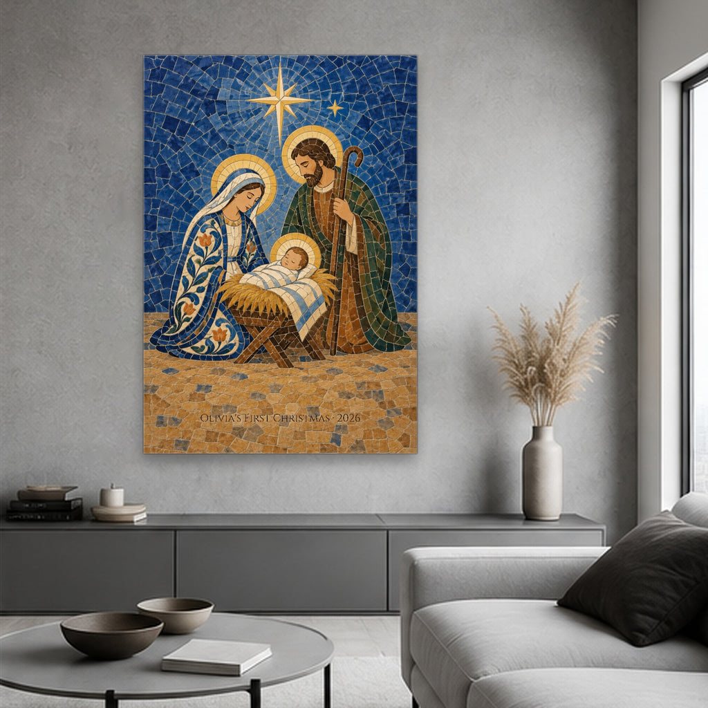 Babys First Christmas - Nativity in Talavera Tile Personalized Canvas Wall Art - Canvas Wall Art, hanging display