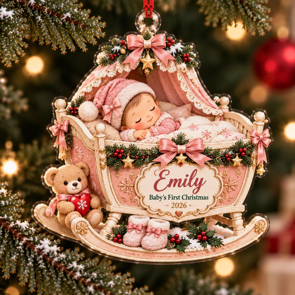 Baby's First Christmas Pink Cradle Acrylic Ornament - Acrylic Christmas Ornament, front view