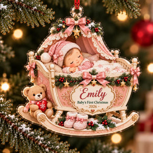 Baby's First Christmas Pink Cradle Acrylic Ornament - Acrylic Christmas Ornament, front view
