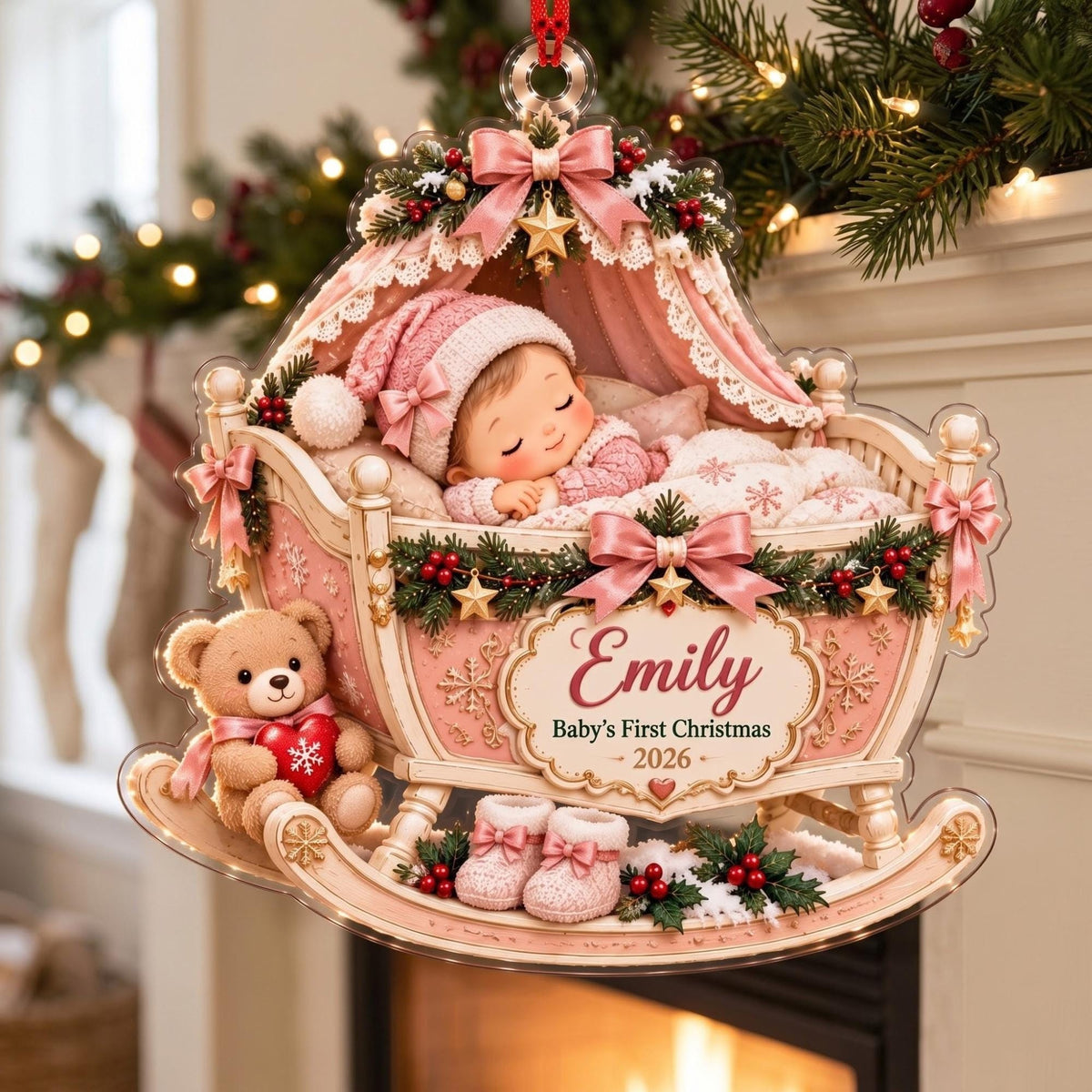 Baby's First Christmas Pink Cradle Acrylic Ornament - Acrylic Christmas Ornament, detail view