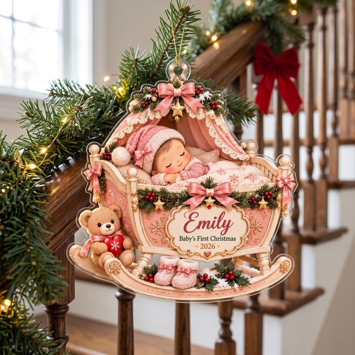 Baby's First Christmas Pink Cradle Acrylic Ornament - Acrylic Christmas Ornament, styled in the home