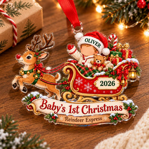 Baby's First Christmas Reindeer Sleigh Acrylic Ornament - Acrylic Christmas Ornament, front view