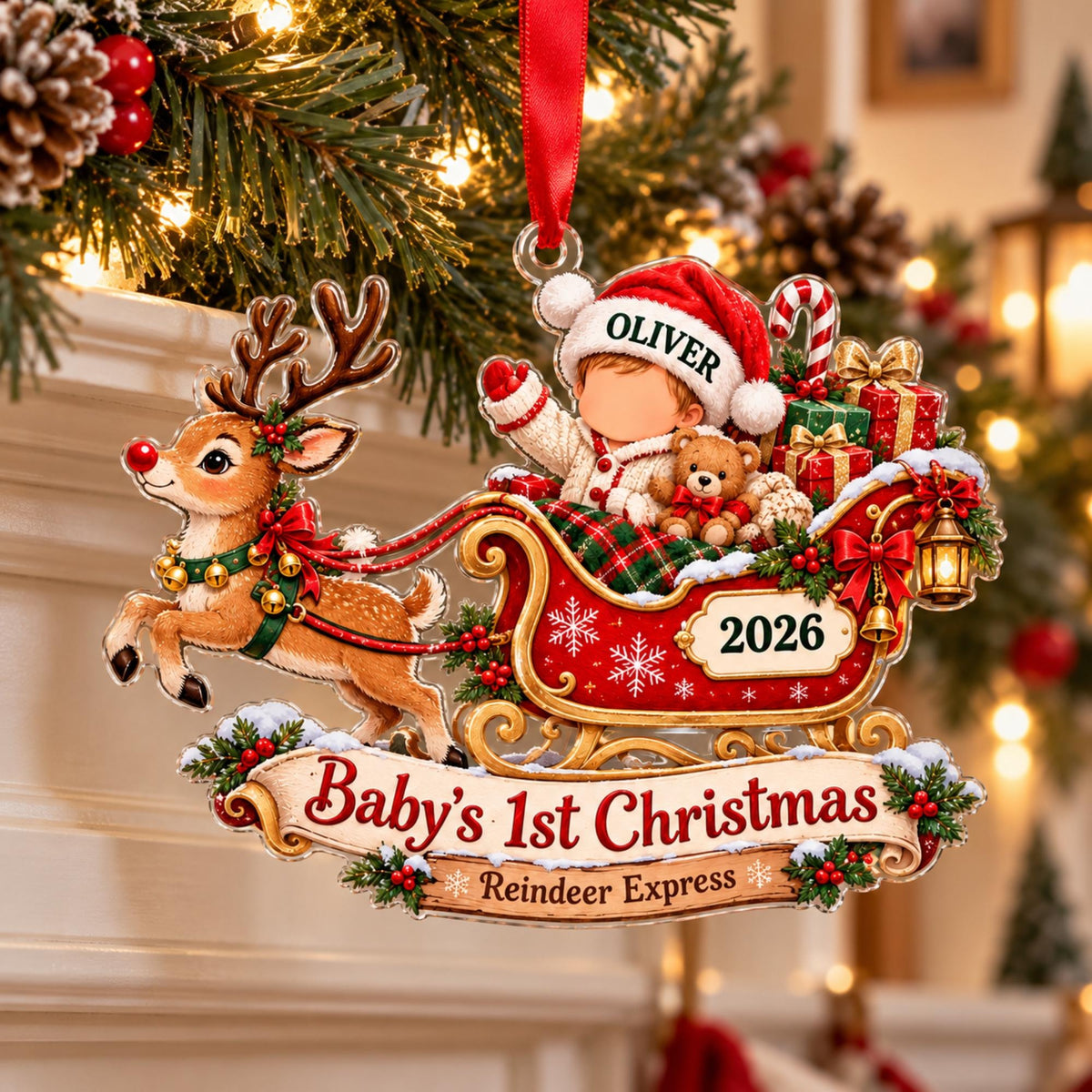 Baby's First Christmas Reindeer Sleigh Acrylic Ornament - Acrylic Christmas Ornament, detail view